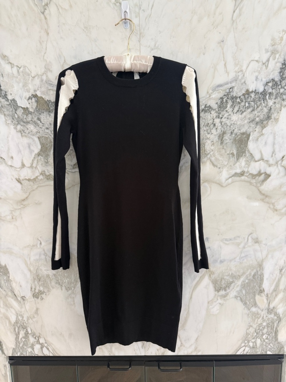 Karen Millen Black Dress with Cream Sleeve Stripes